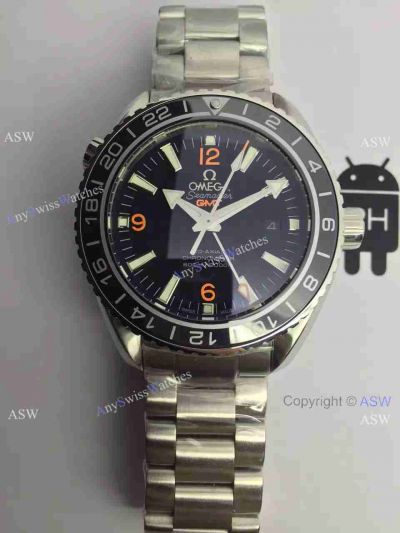 Knockoff Swiss Omega Seamaster GMT Watch Black Face / Orange Arabic